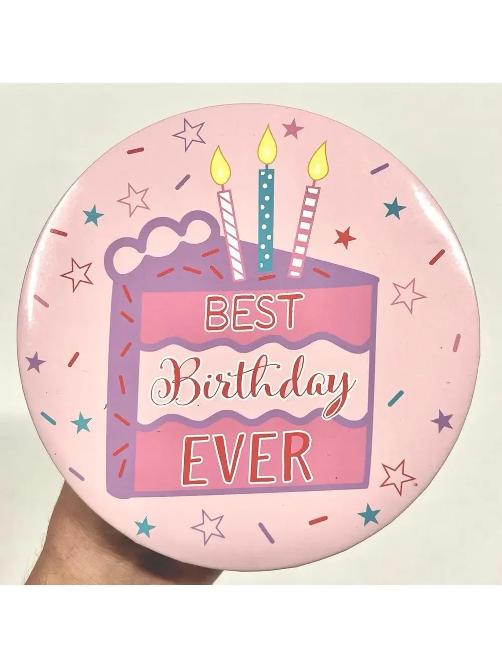 BEST BIRTHDAY EVER Large Button 5.5” Pink Cake Graphic With Candles
